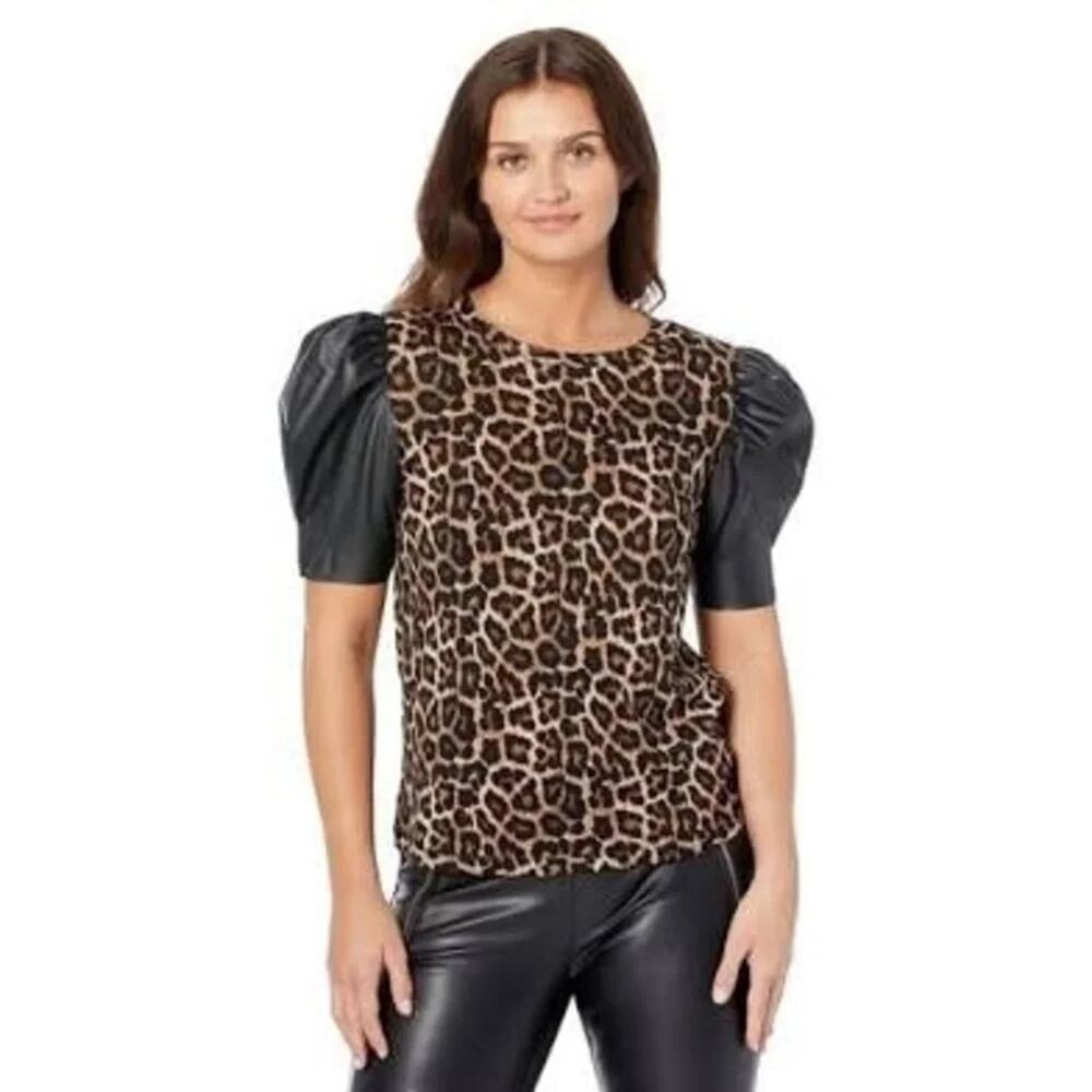 Michael Kors Womens Top Leopard Print Vegan Faux Leather Sleeve, Size Small